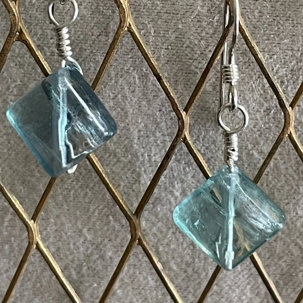 Natural Fluorite Sterling Silver Wire Wrapped Earrings Handmade Gemstone Dangles